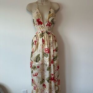 Fashion Nova Cream and Red Floral Maxi Dress